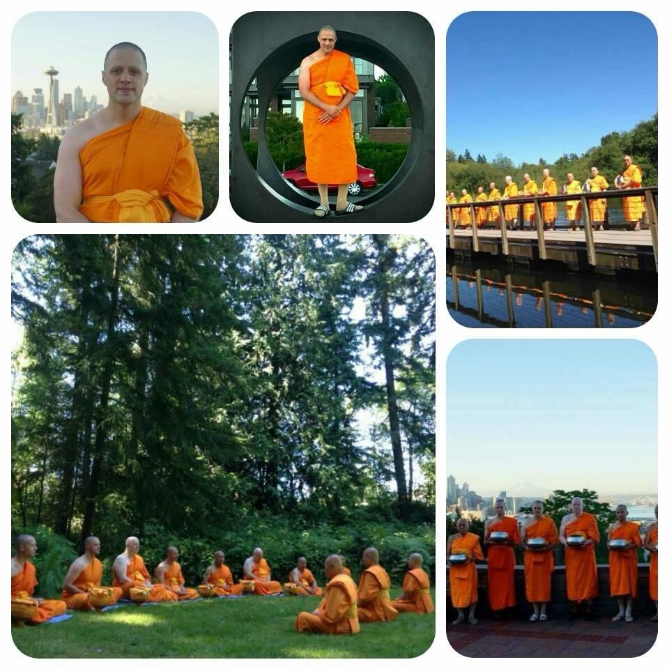 Monks in orange robes around Seattle, including a view of the Space Needle