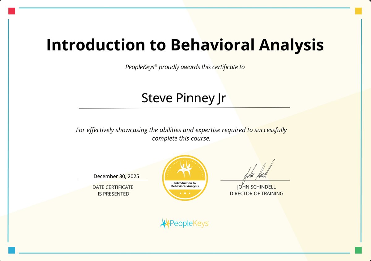 Steve Pinney Jr's Introduction to Behavioral Analysis certificate from PeopleKeys, December 2025