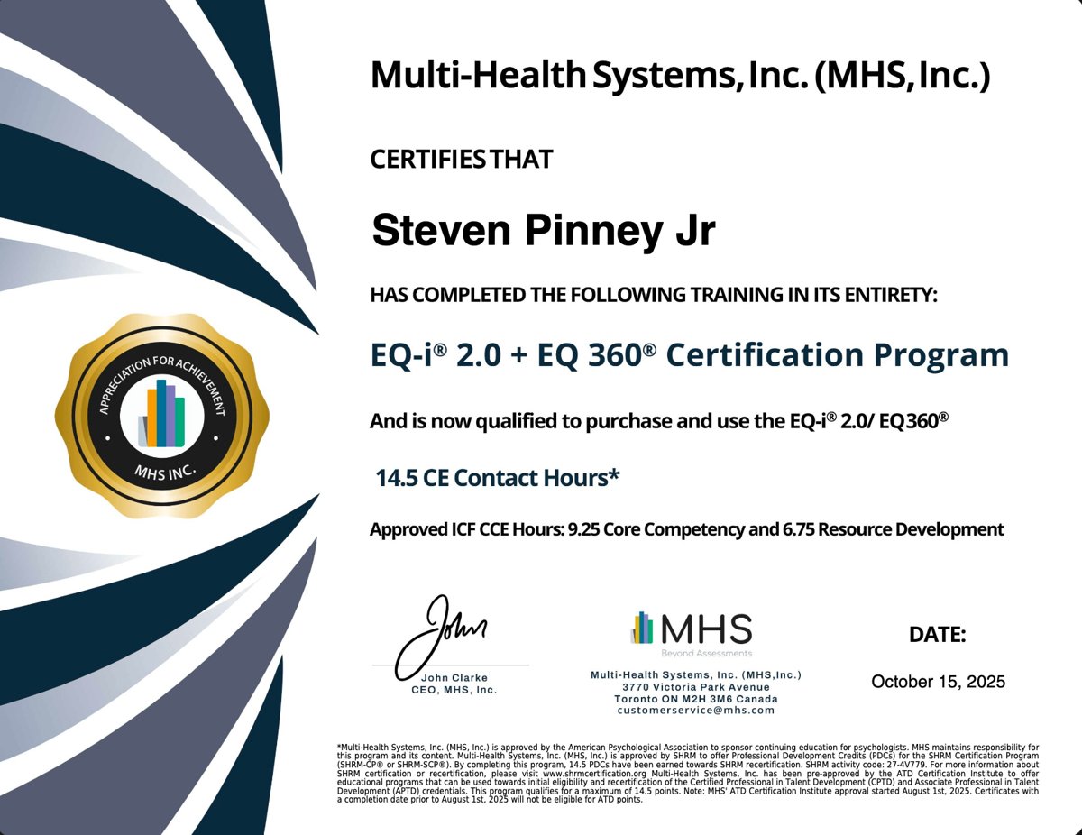 Steve Pinney Jr's EQ-i 2.0 and EQ 360 certification from Multi-Health Systems (MHS), October 2025