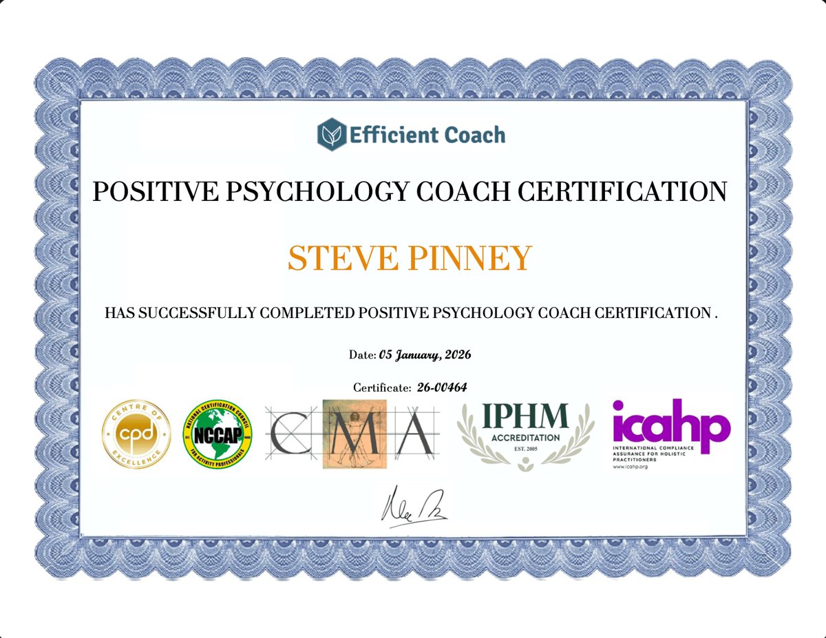 Steve Pinney Jr's Positive Psychology Coach Certification from Efficient Coach, January 2026